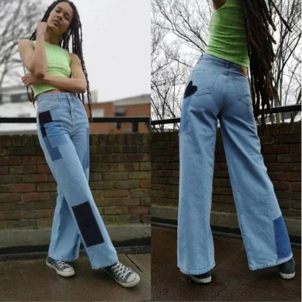 BDG Puddle Super‎ High Waist Wide Leg Patchwork Heart Jeans NWT 28 - Picture 5 of 10